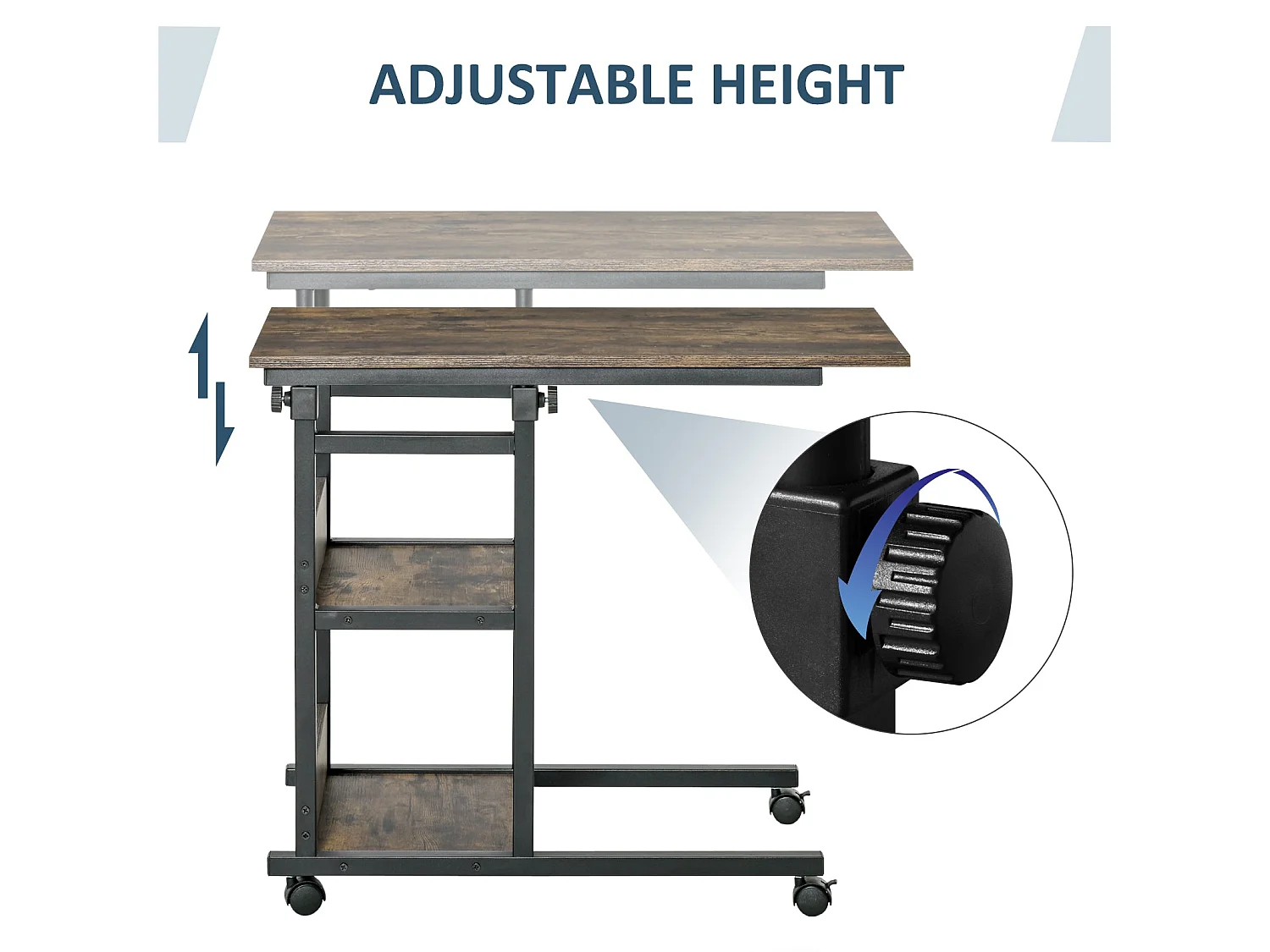 Comiro C Shaped Industrial Side Table with 3 Tier Shelves and Lockable Wheels