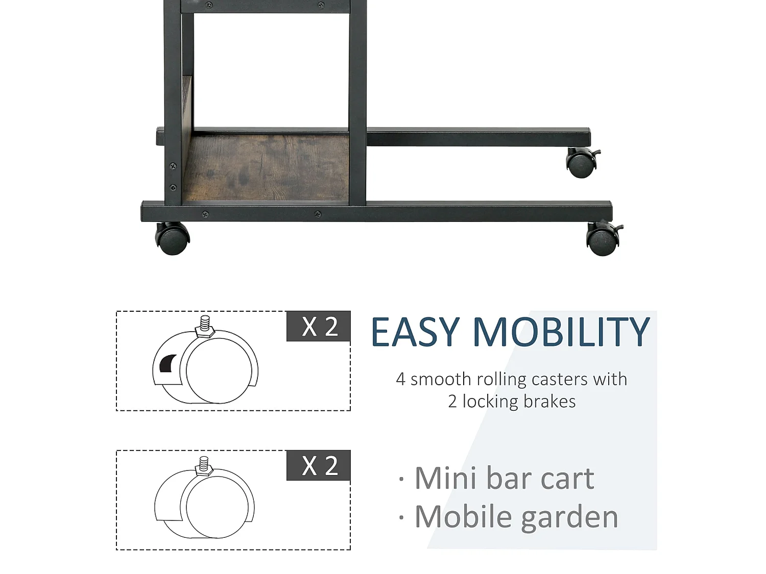 Comiro C Shaped Industrial Side Table with 3 Tier Shelves and Lockable Wheels