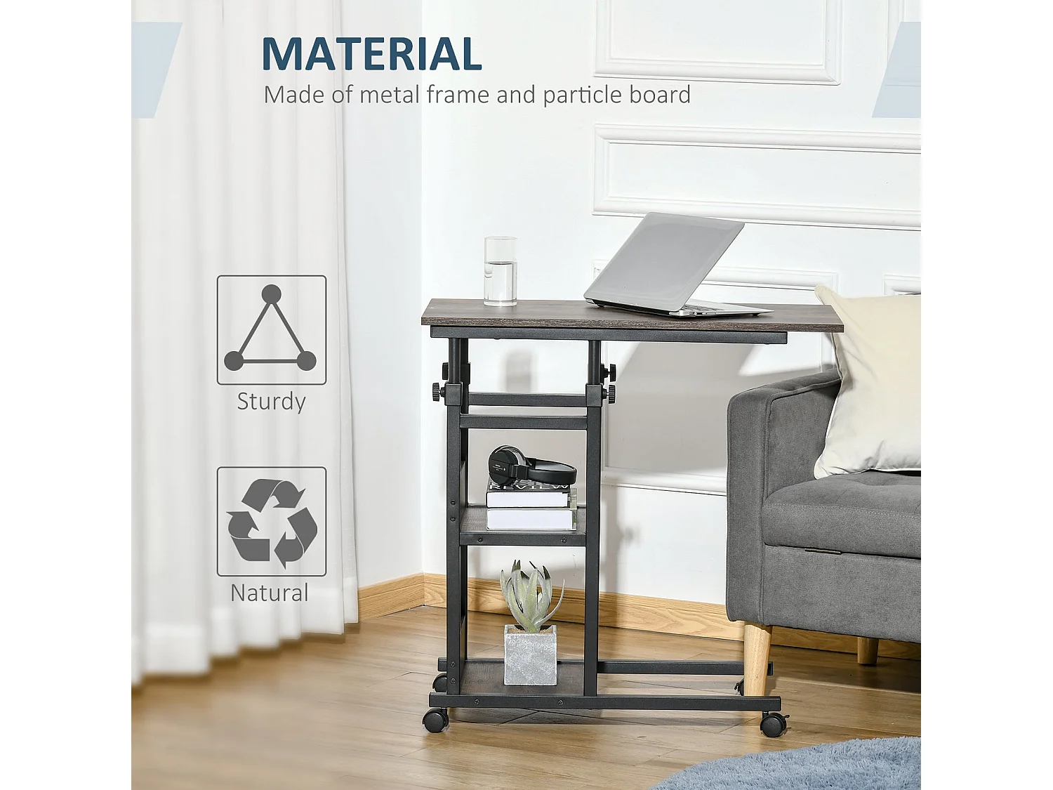 Comiro C Shaped Industrial Side Table with 3 Tier Shelves and Lockable Wheels