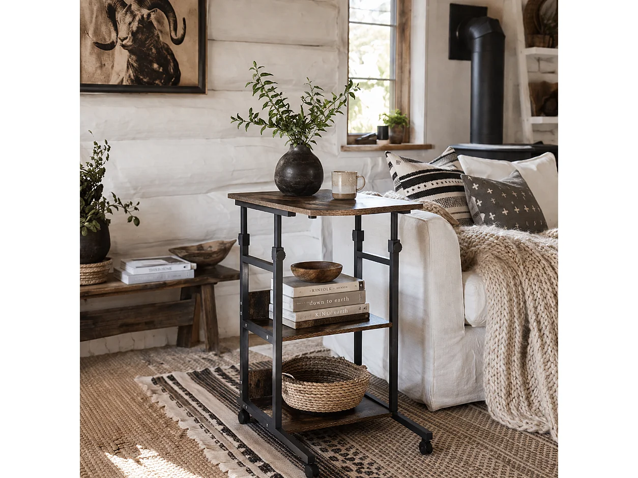 Comiro C Shaped Industrial Side Table with 3 Tier Shelves and Lockable Wheels