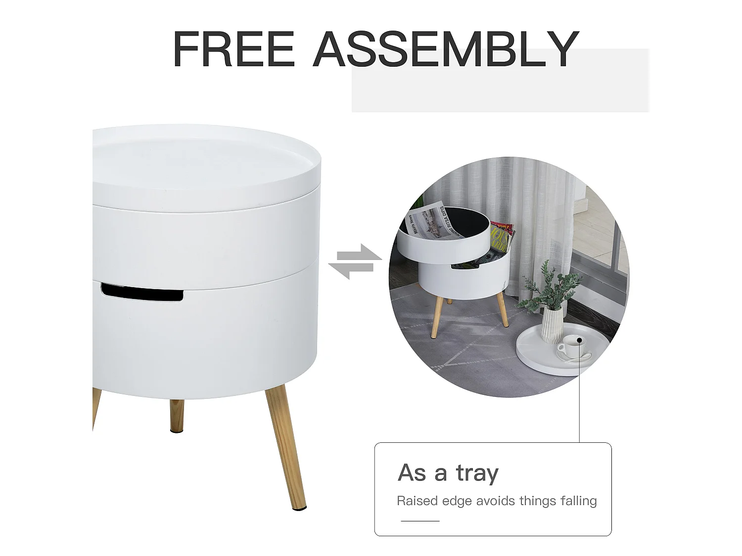 Rivizi Round 3 Tier Side Table with Hidden Storage White and Natural