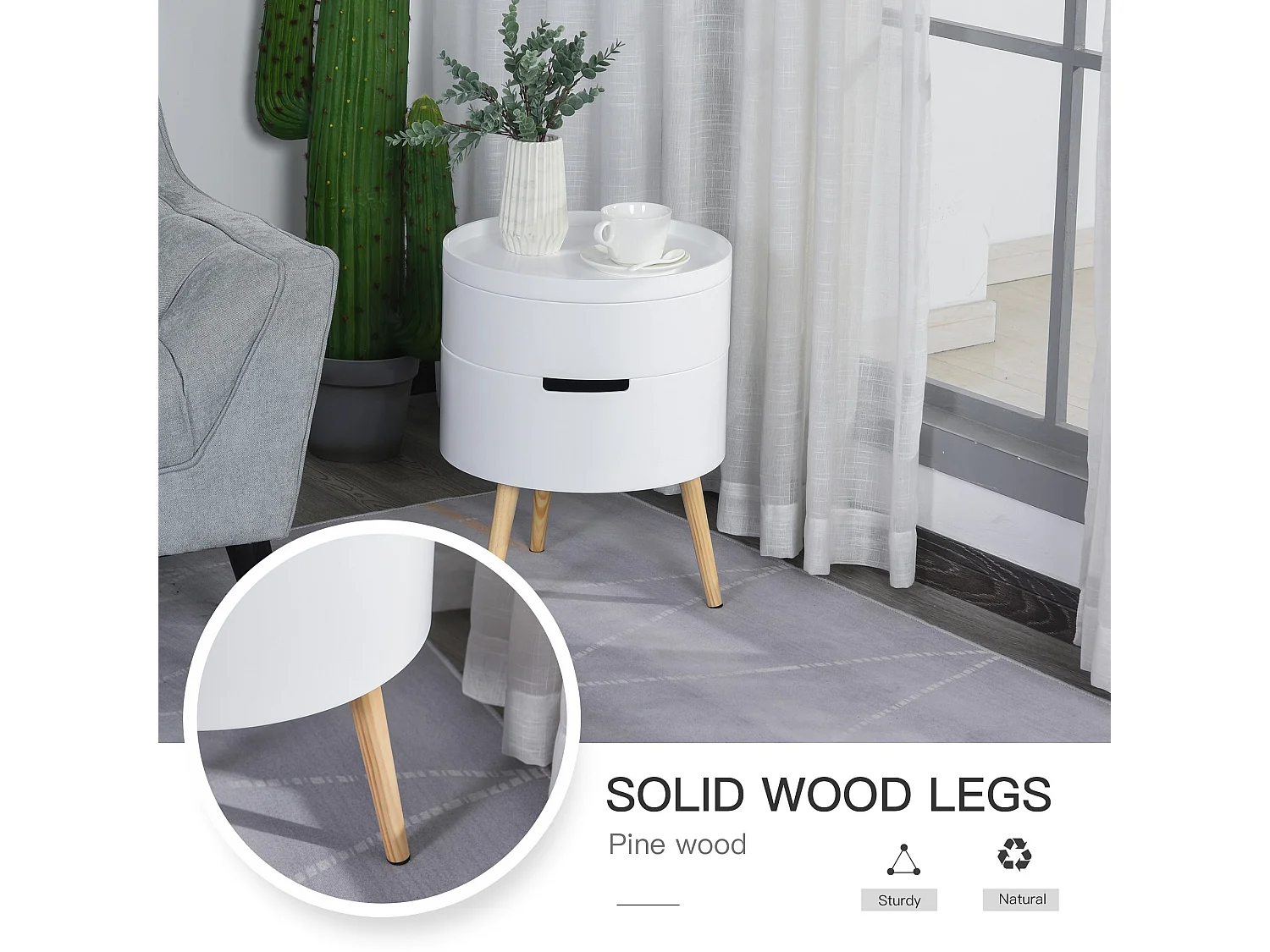 Rivizi Round 3 Tier Side Table with Hidden Storage White and Natural