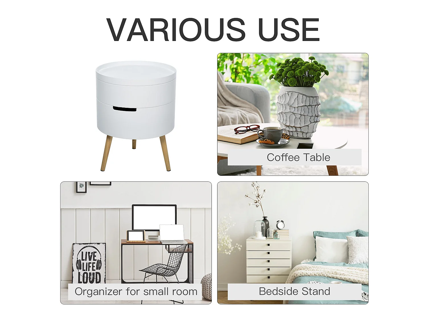 Rivizi Round 3 Tier Side Table with Hidden Storage White and Natural