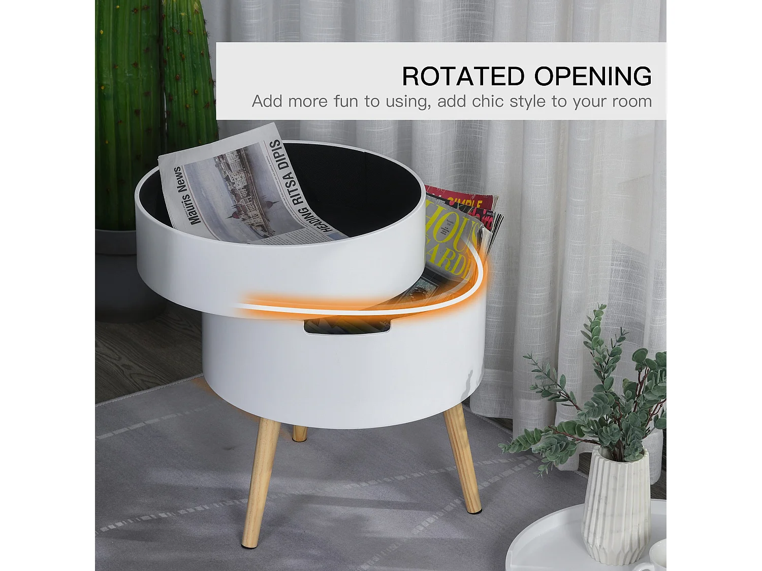 Rivizi Round 3 Tier Side Table with Hidden Storage White and Natural