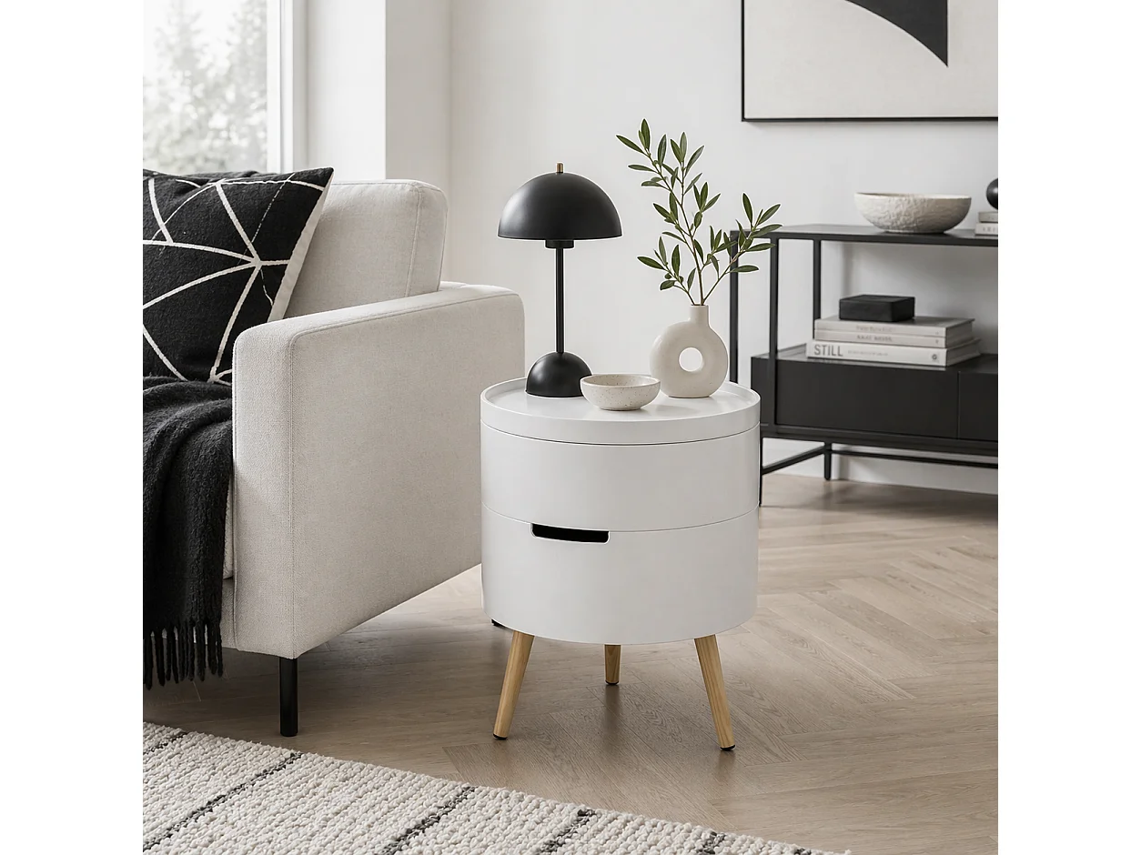 Rivizi Round 3 Tier Side Table with Hidden Storage White and Natural