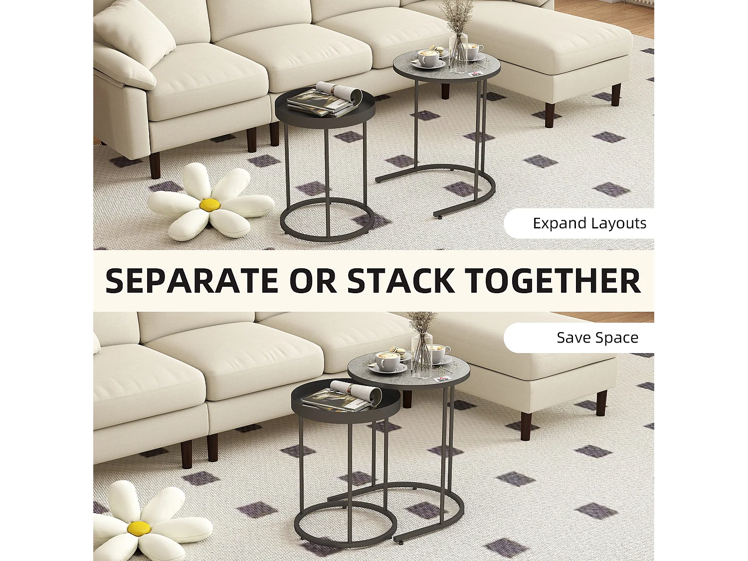 Midoli Set of 2 Industrial Modern Nesting Tables Grey MDF and Powder Coated Metal