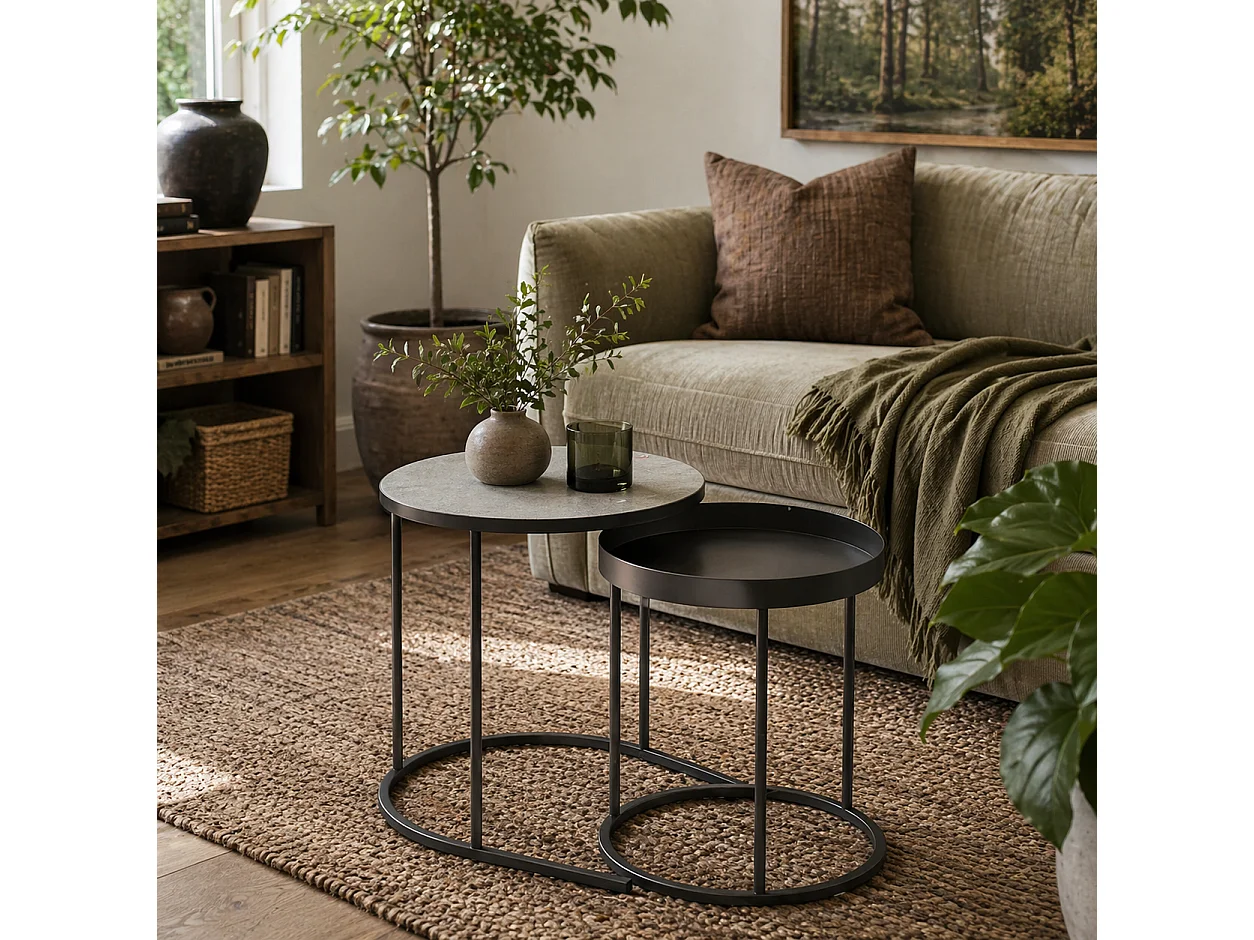 Midoli Set of 2 Industrial Modern Nesting Tables Grey MDF and Powder Coated Metal
