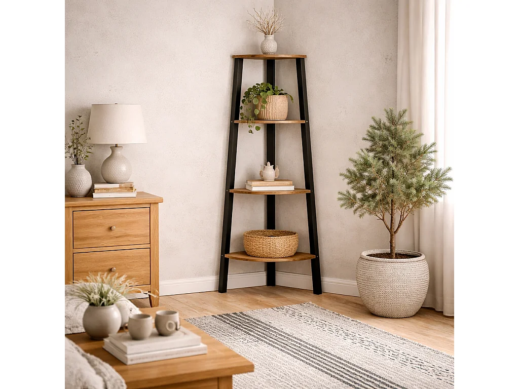 Maynooth Industrial Pine and Black Metal Corner Unit 4 Shelves