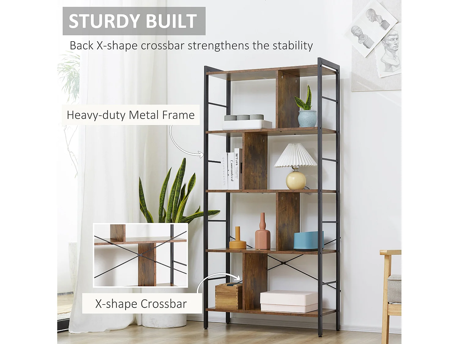 Nofaluno 5 Tier Industrial Shelf Rustic Brown Wood Shelves with Black Metal Frame