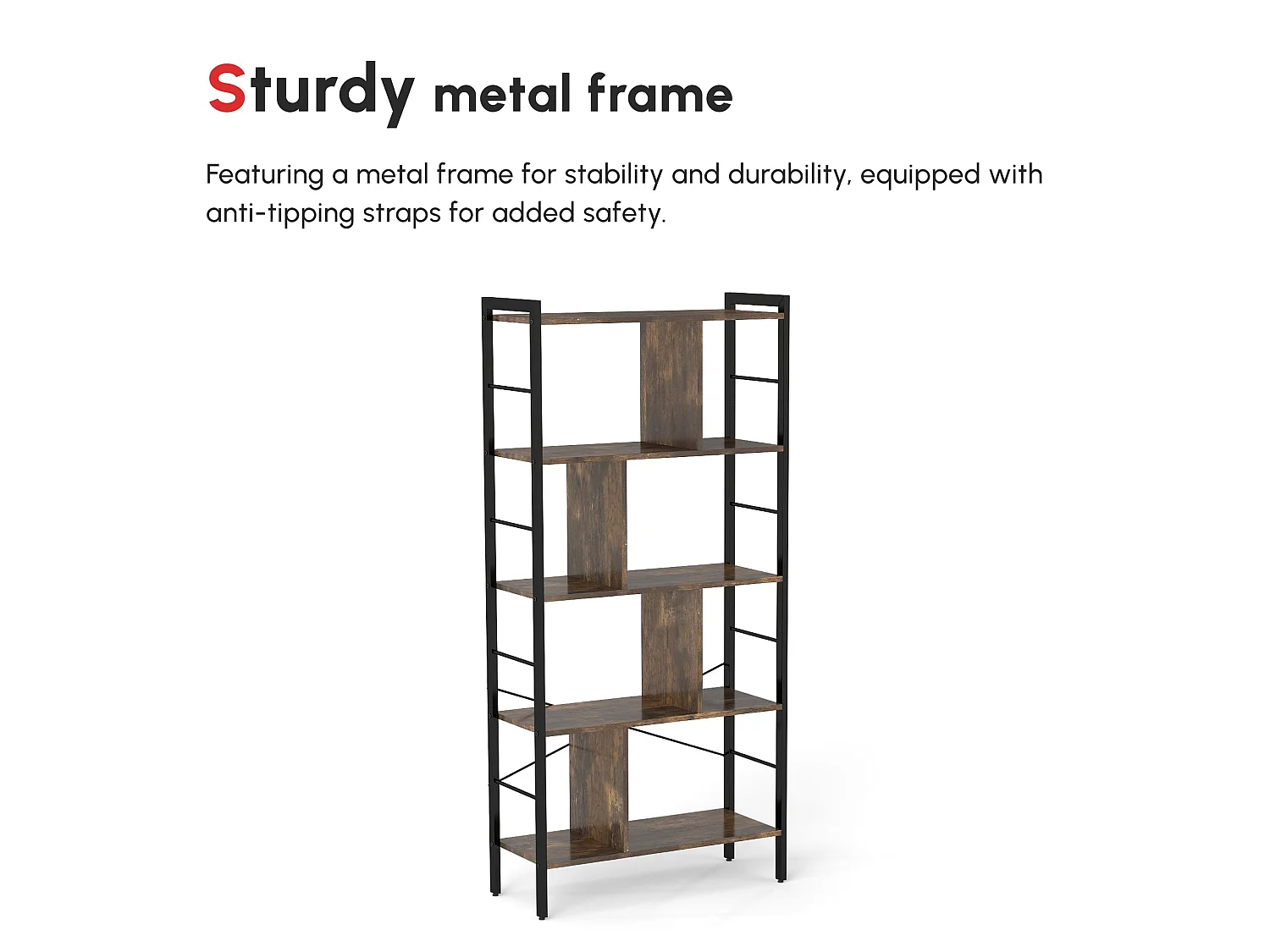 Nofaluno 5 Tier Industrial Shelf Rustic Brown Wood Shelves with Black Metal Frame