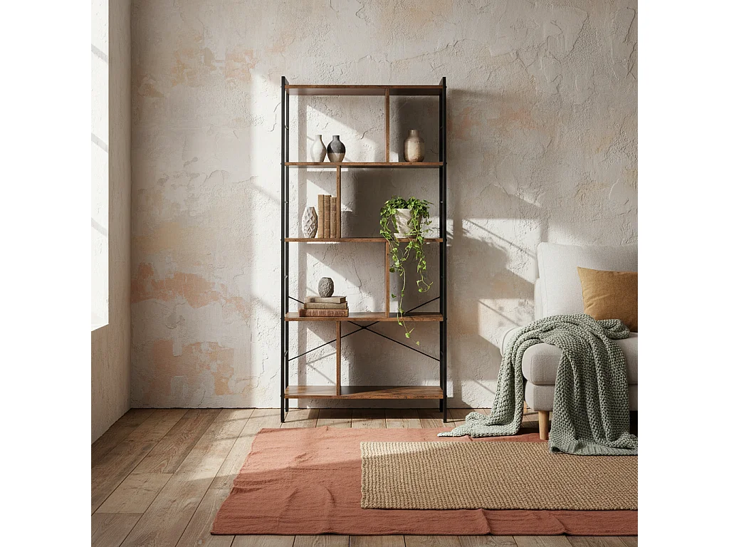 Nofaluno 5 Tier Industrial Shelf Rustic Brown Wood Shelves with Black Metal Frame