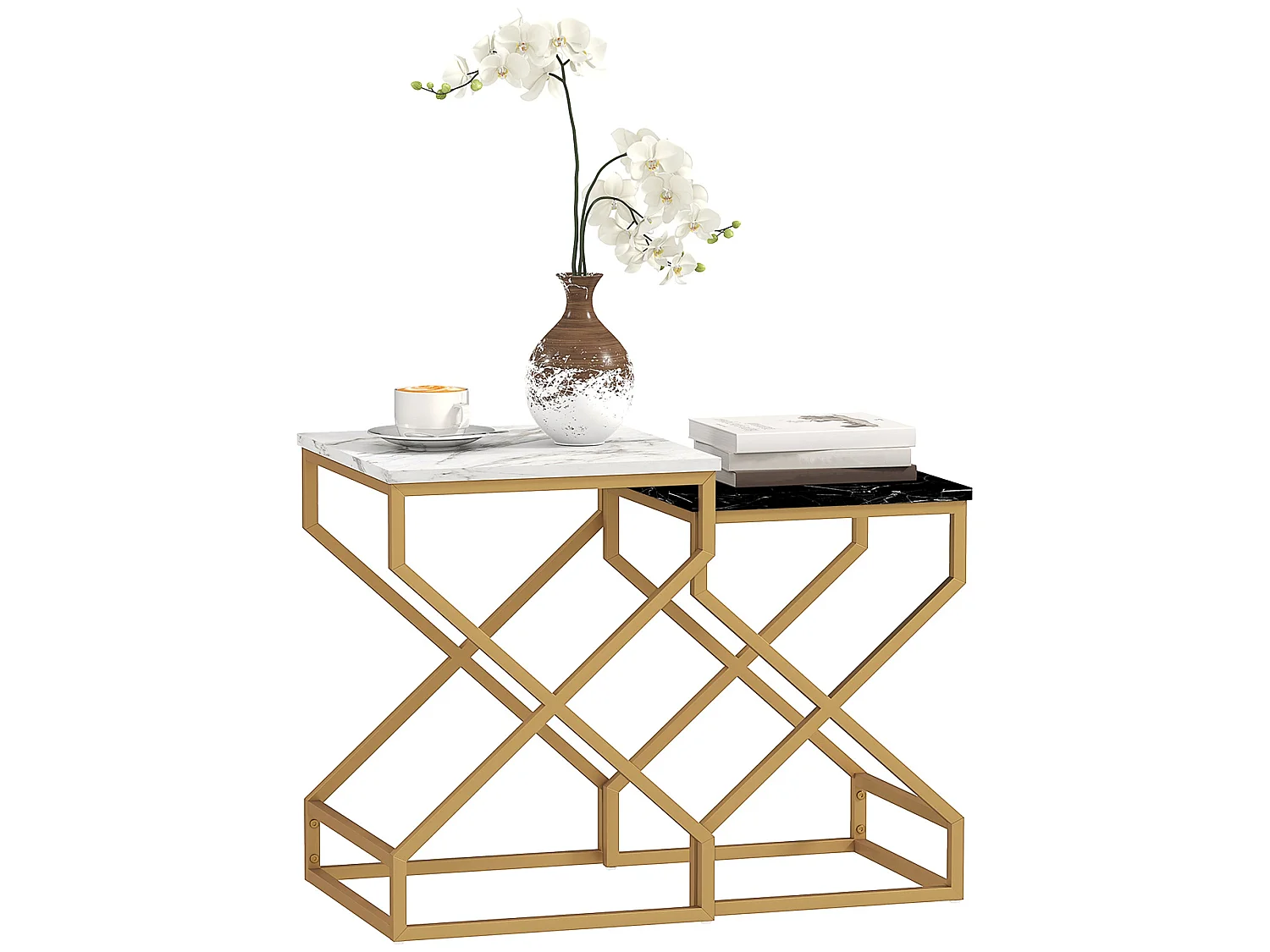 Revi Set of 2 Marble Effect Nesting Side Tables Gold Metal Legs