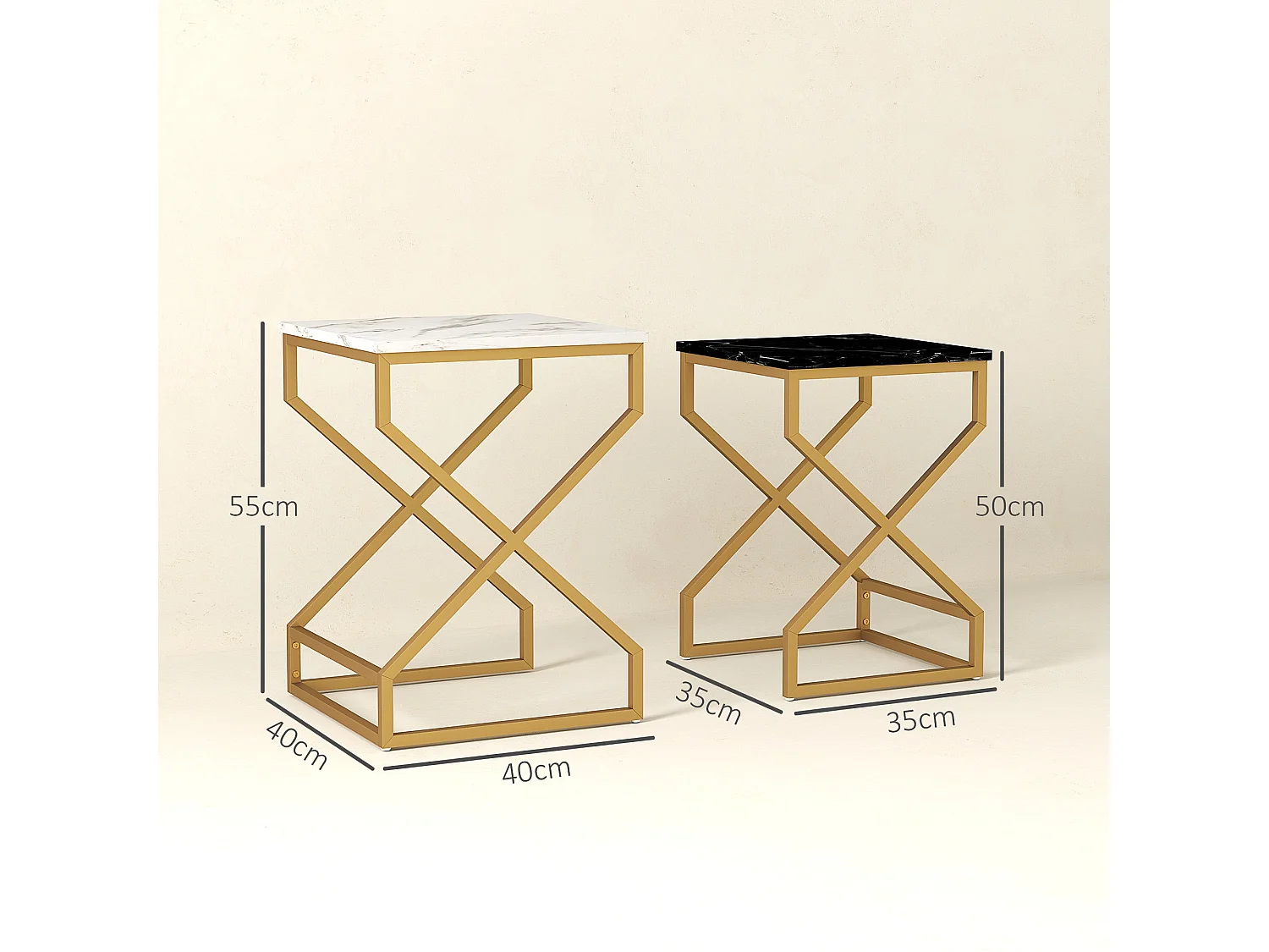 Revi Set of 2 Marble Effect Nesting Side Tables Gold Metal Legs
