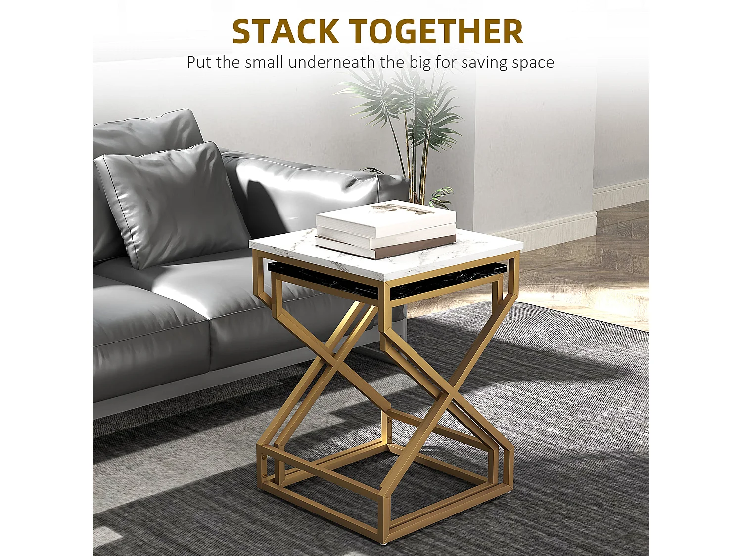 Revi Set of 2 Marble Effect Nesting Side Tables Gold Metal Legs