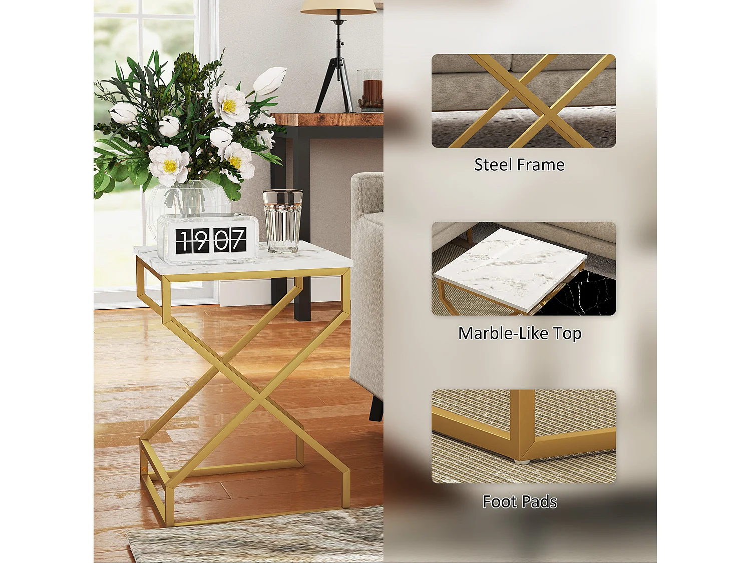 Revi Set of 2 Marble Effect Nesting Side Tables Gold Metal Legs