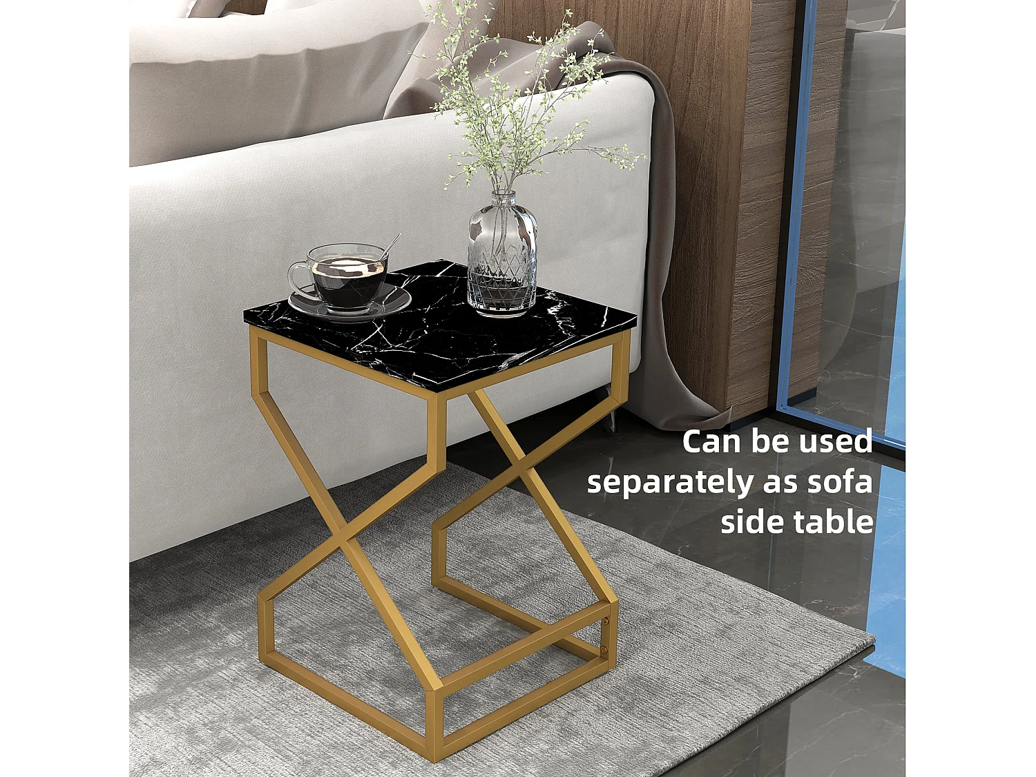 Revi Set of 2 Marble Effect Nesting Side Tables Gold Metal Legs