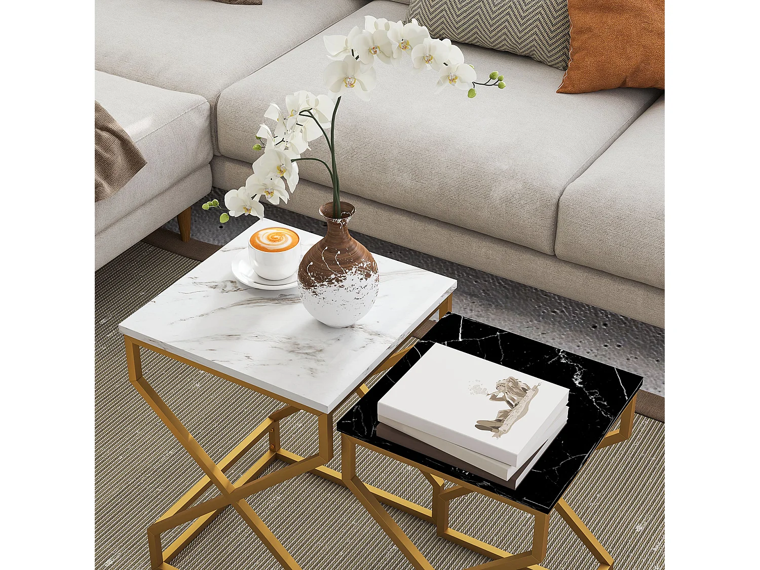 Revi Set of 2 Marble Effect Nesting Side Tables Gold Metal Legs