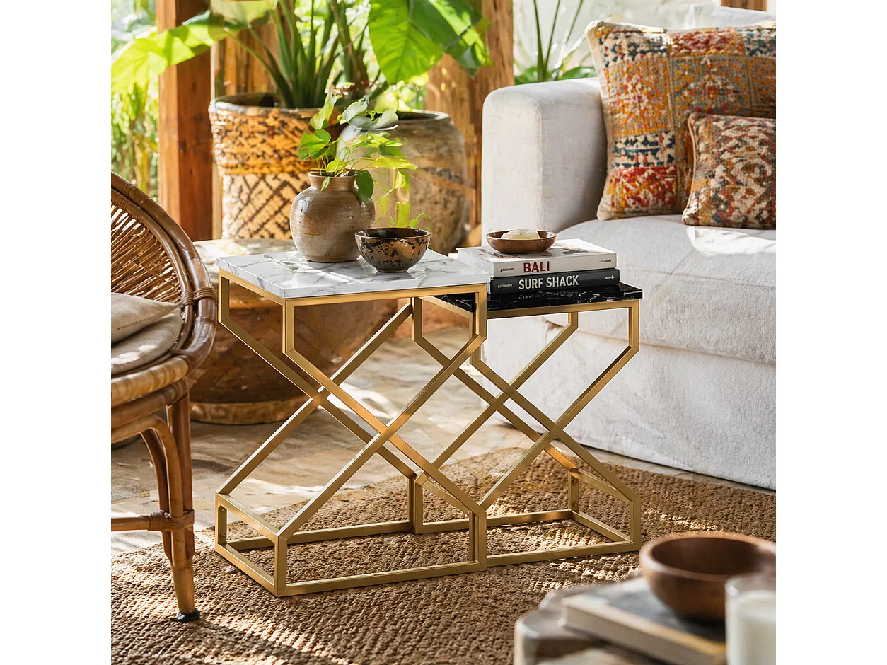 Revi Set of 2 Marble Effect Nesting Side Tables Gold Metal Legs