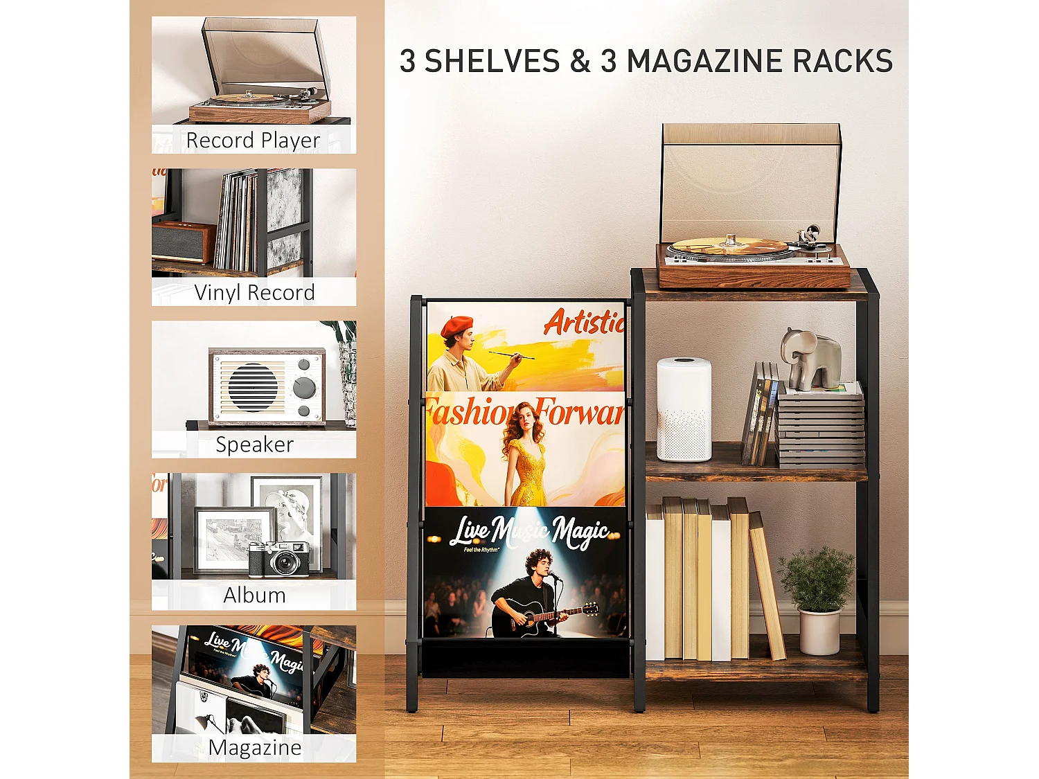 Nobalo Rustic Brown 3 Tier Record Player Stand Side Table