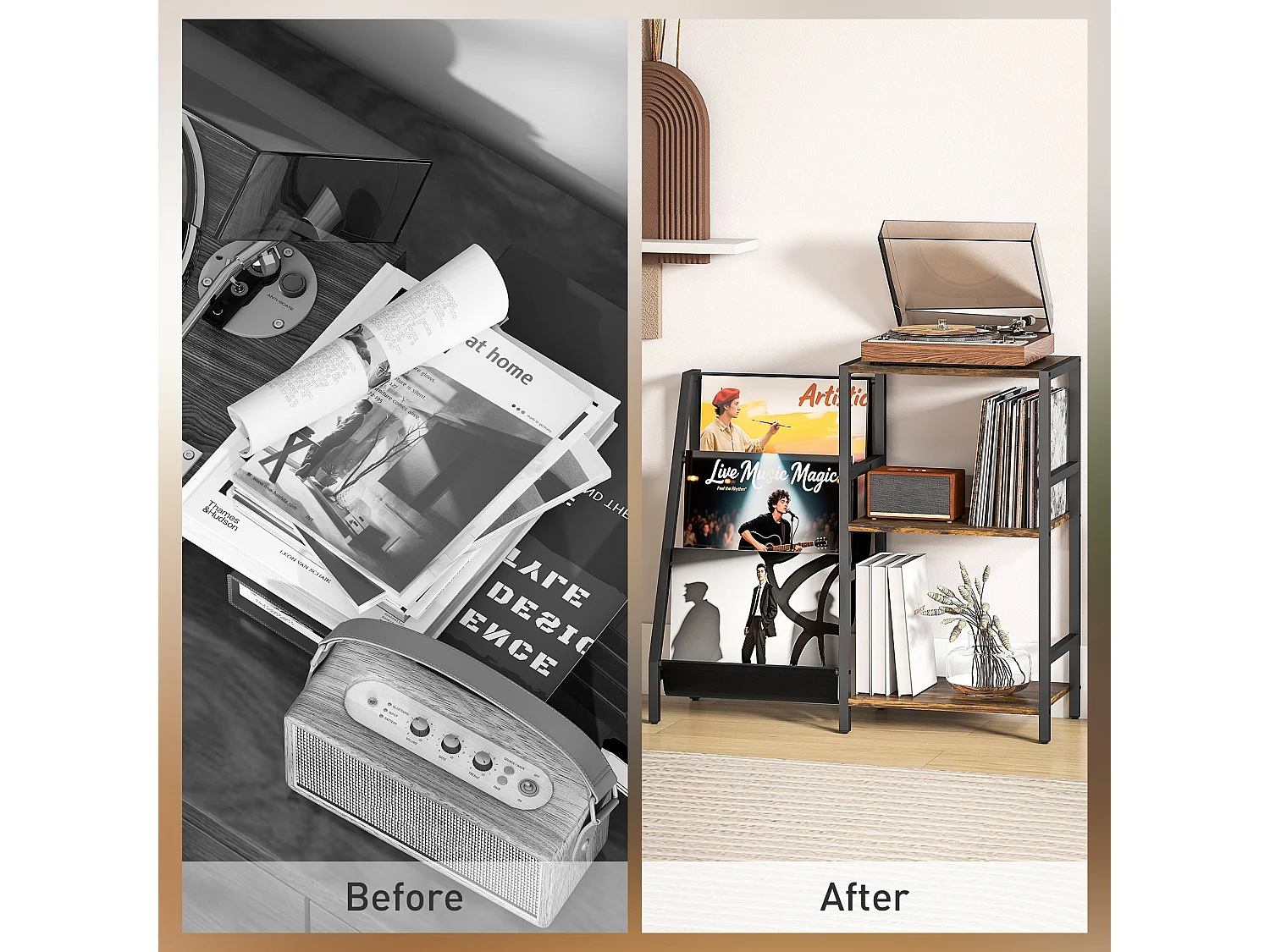 Nobalo Rustic Brown 3 Tier Record Player Stand Side Table