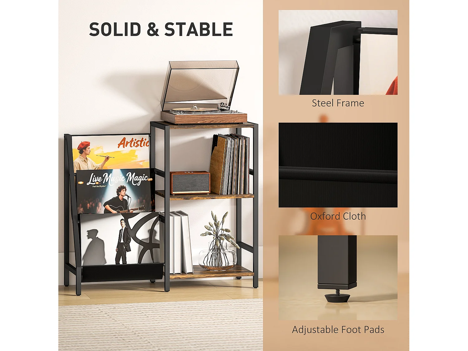 Nobalo Rustic Brown 3 Tier Record Player Stand Side Table