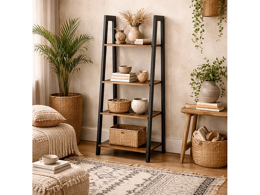 Maynooth 4 Shelf Industrial Ladder Bookcase Rustic Wood Effect and Black Metal