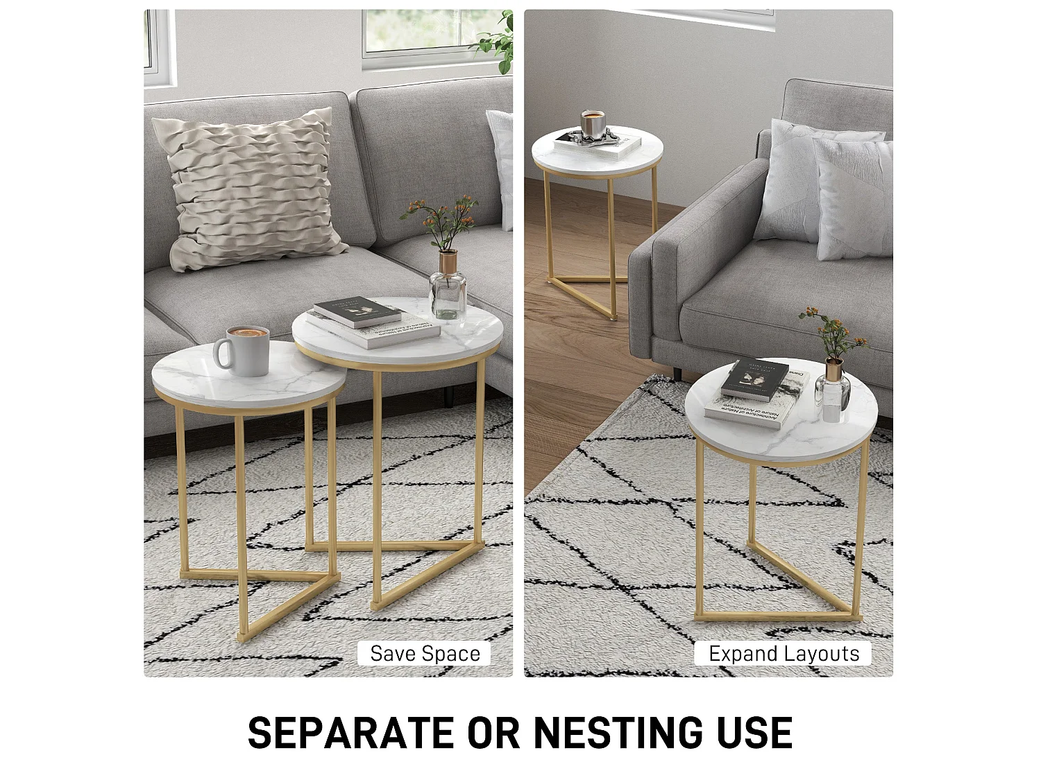 Keroro Set of 2 Nesting Tables Marble Effect White Tops Gold Frame