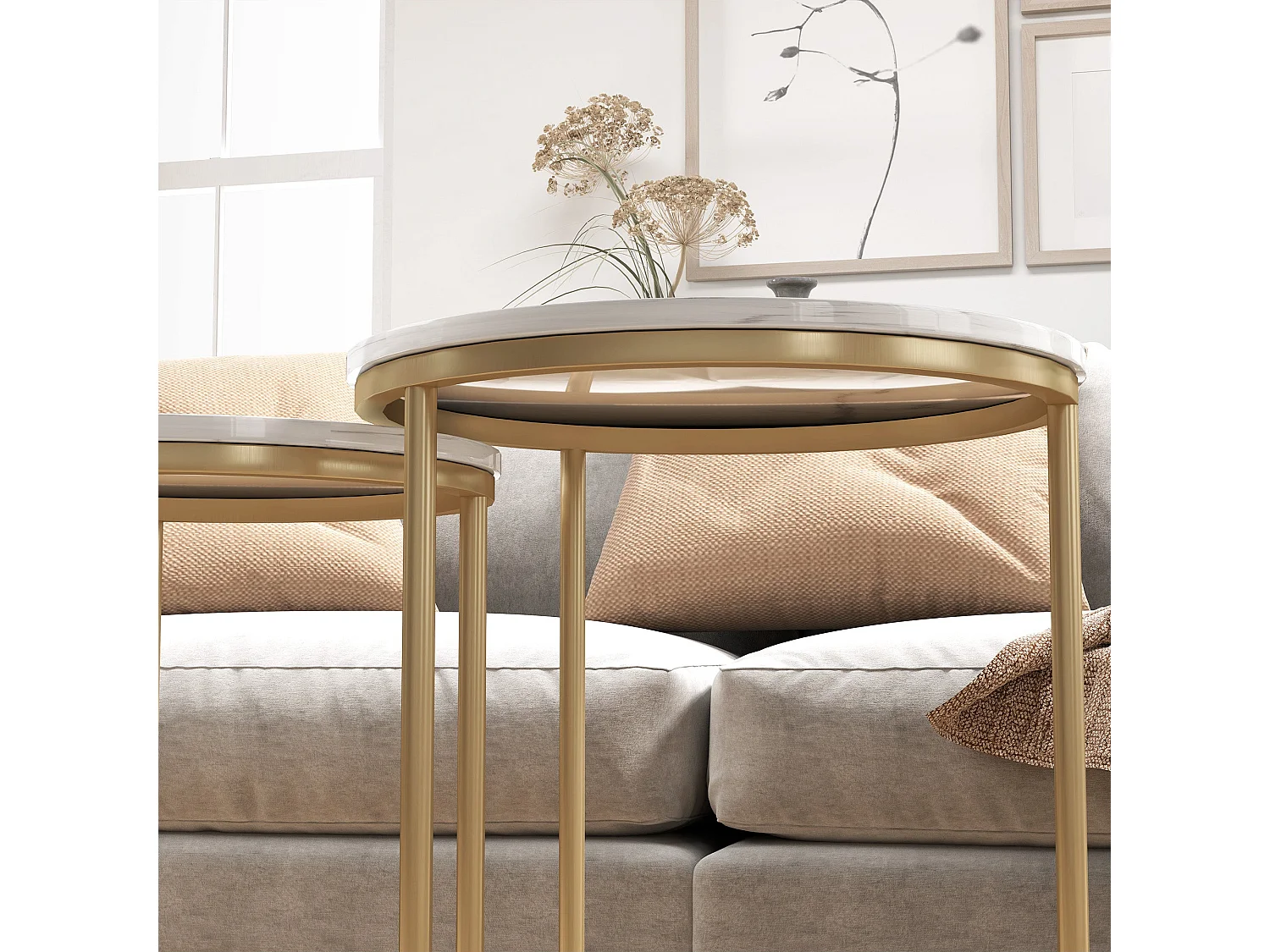 Keroro Set of 2 Nesting Tables Marble Effect White Tops Gold Frame