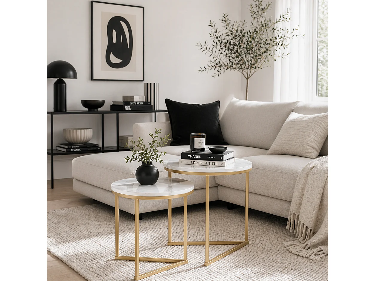Keroro Set of 2 Nesting Tables Marble Effect White Tops Gold Frame