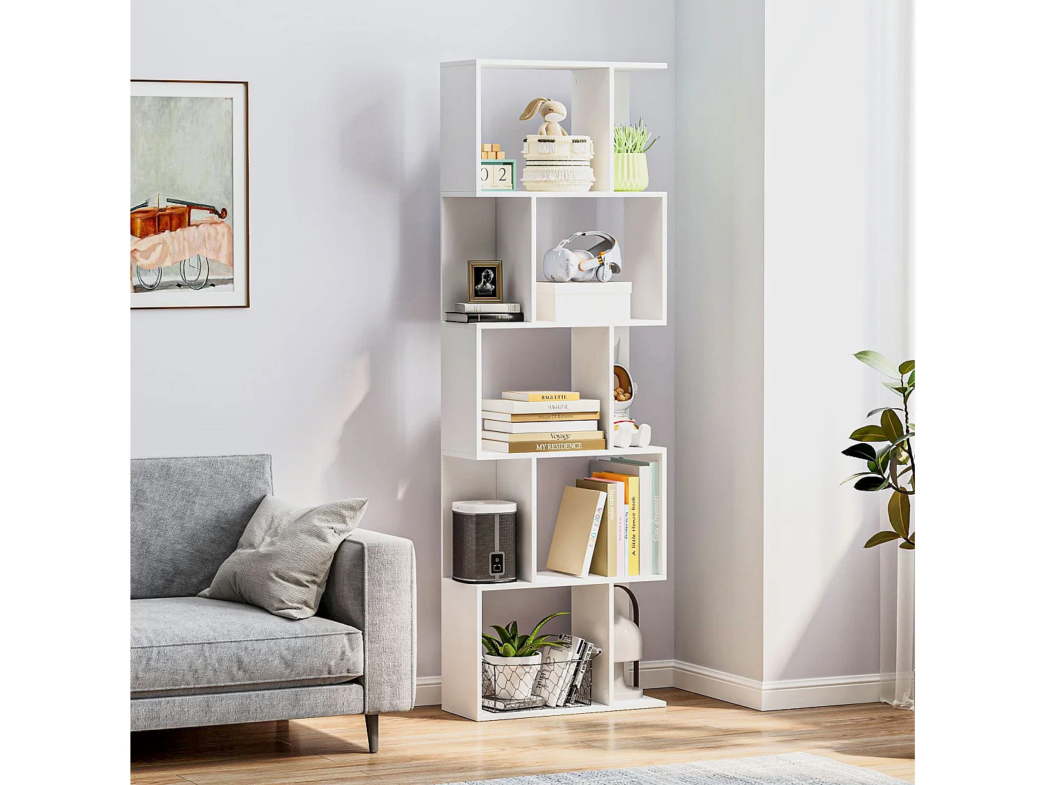 Matosu 5 Tier S Shape White Particleboard Freestanding Bookcase