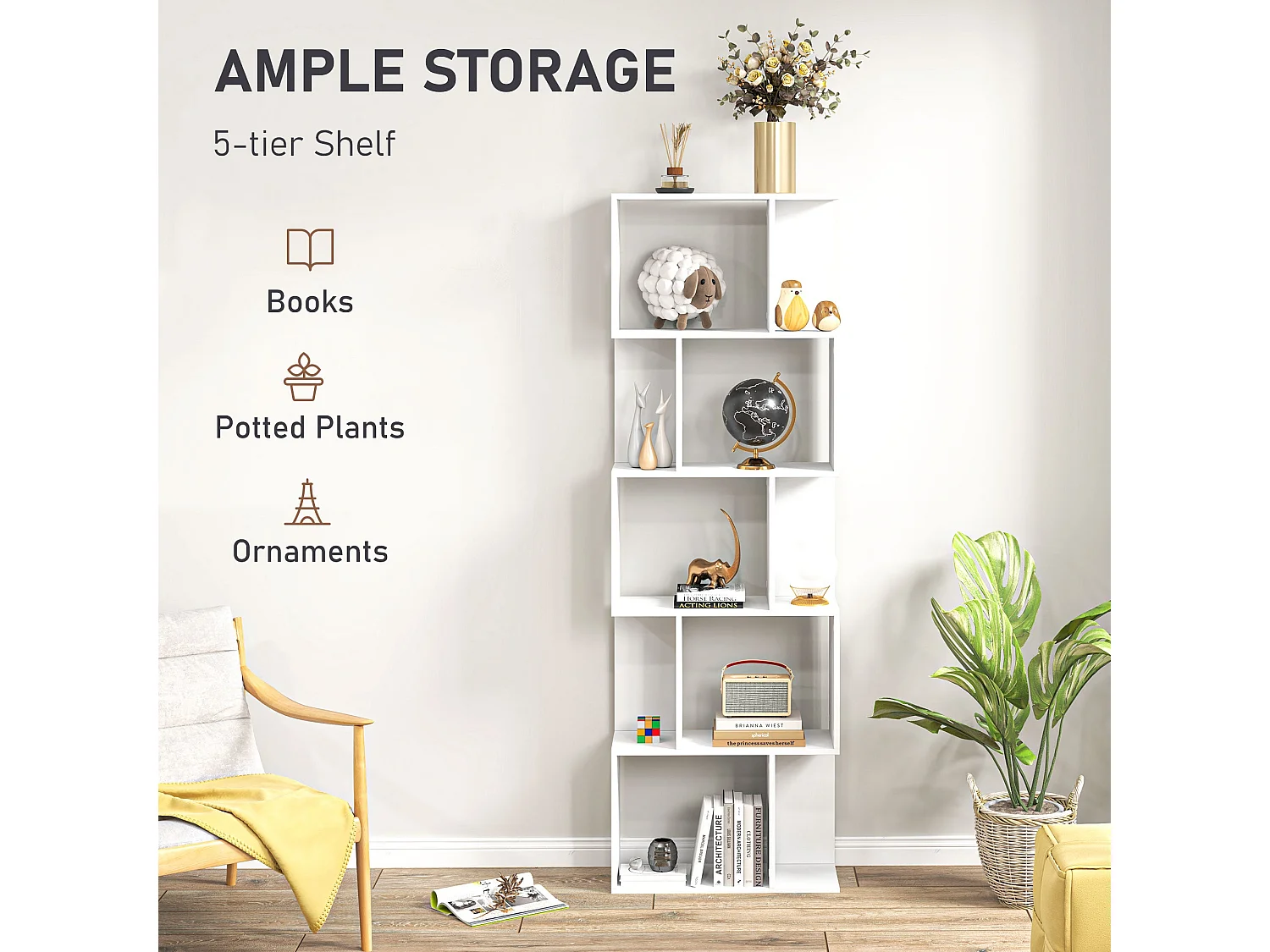 Matosu 5 Tier S Shape White Particleboard Freestanding Bookcase