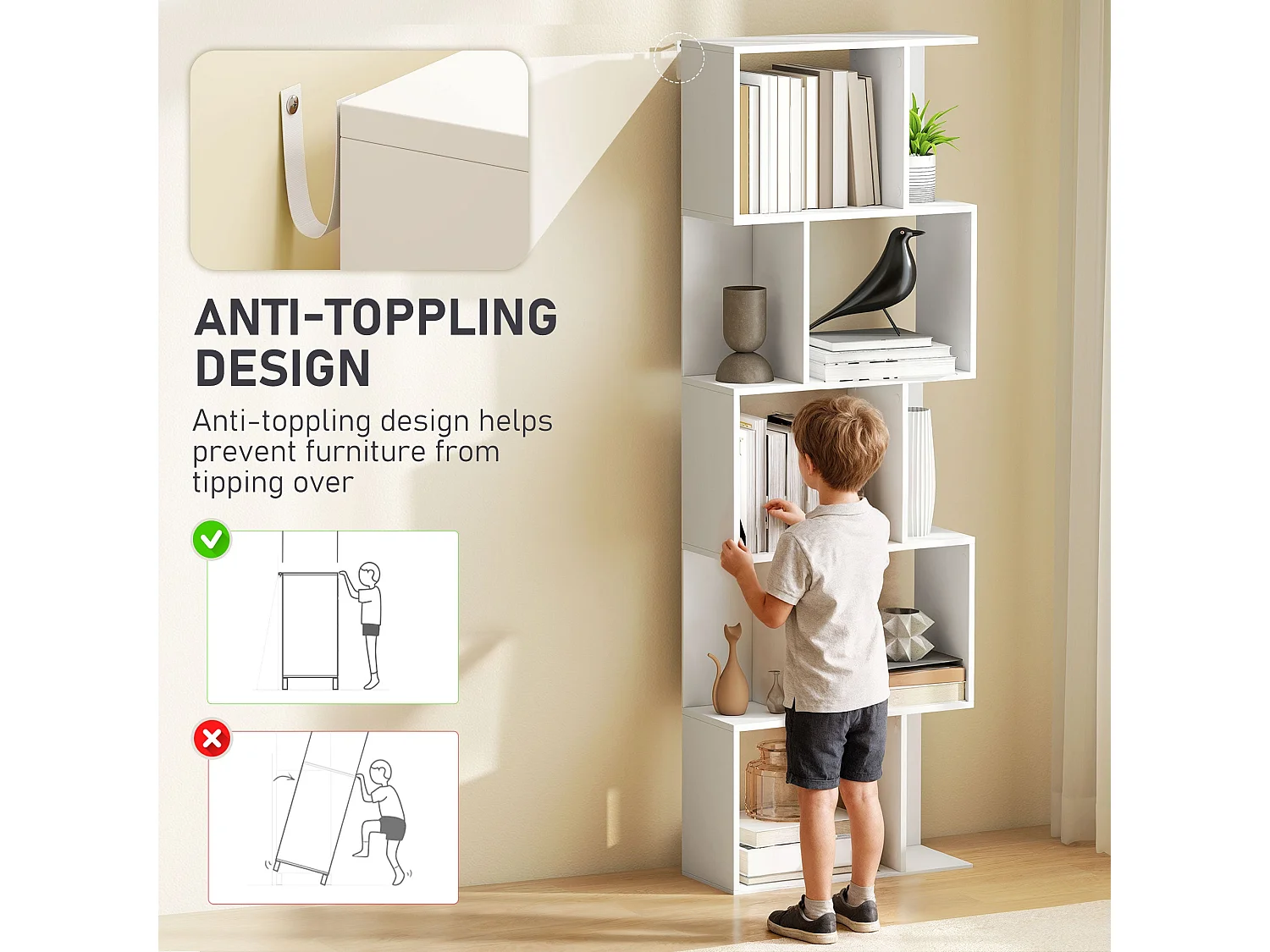Matosu 5 Tier S Shape White Particleboard Freestanding Bookcase