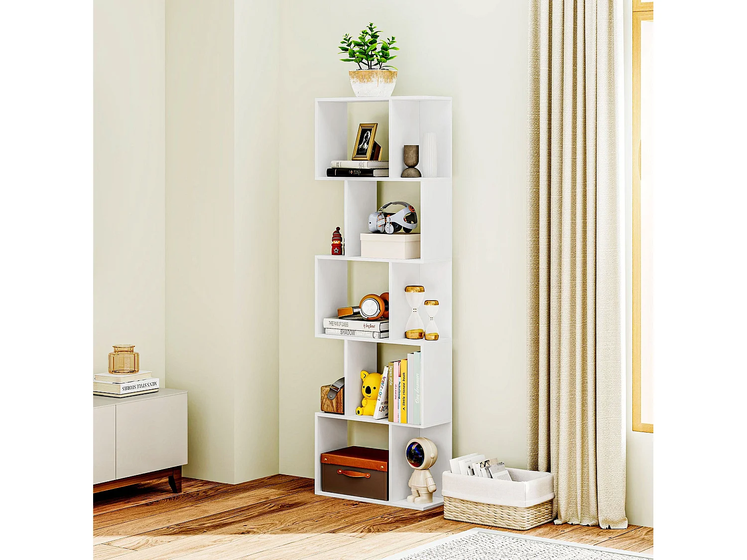 Matosu 5 Tier S Shape White Particleboard Freestanding Bookcase