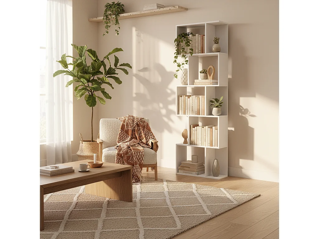 Matosu 5 Tier S Shape White Particleboard Freestanding Bookcase
