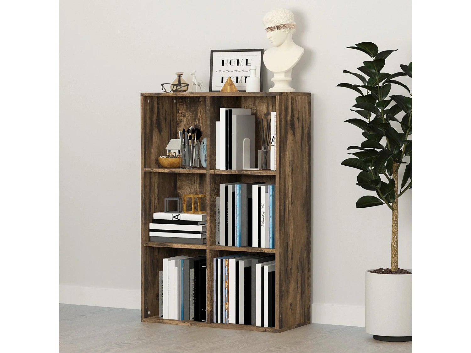 Ridiyo Wood Rustic Brown 6 Cube Storage Bookcase