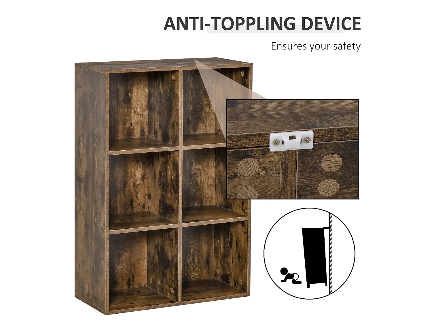 Ridiyo Wood Rustic Brown 6 Cube Storage Bookcase