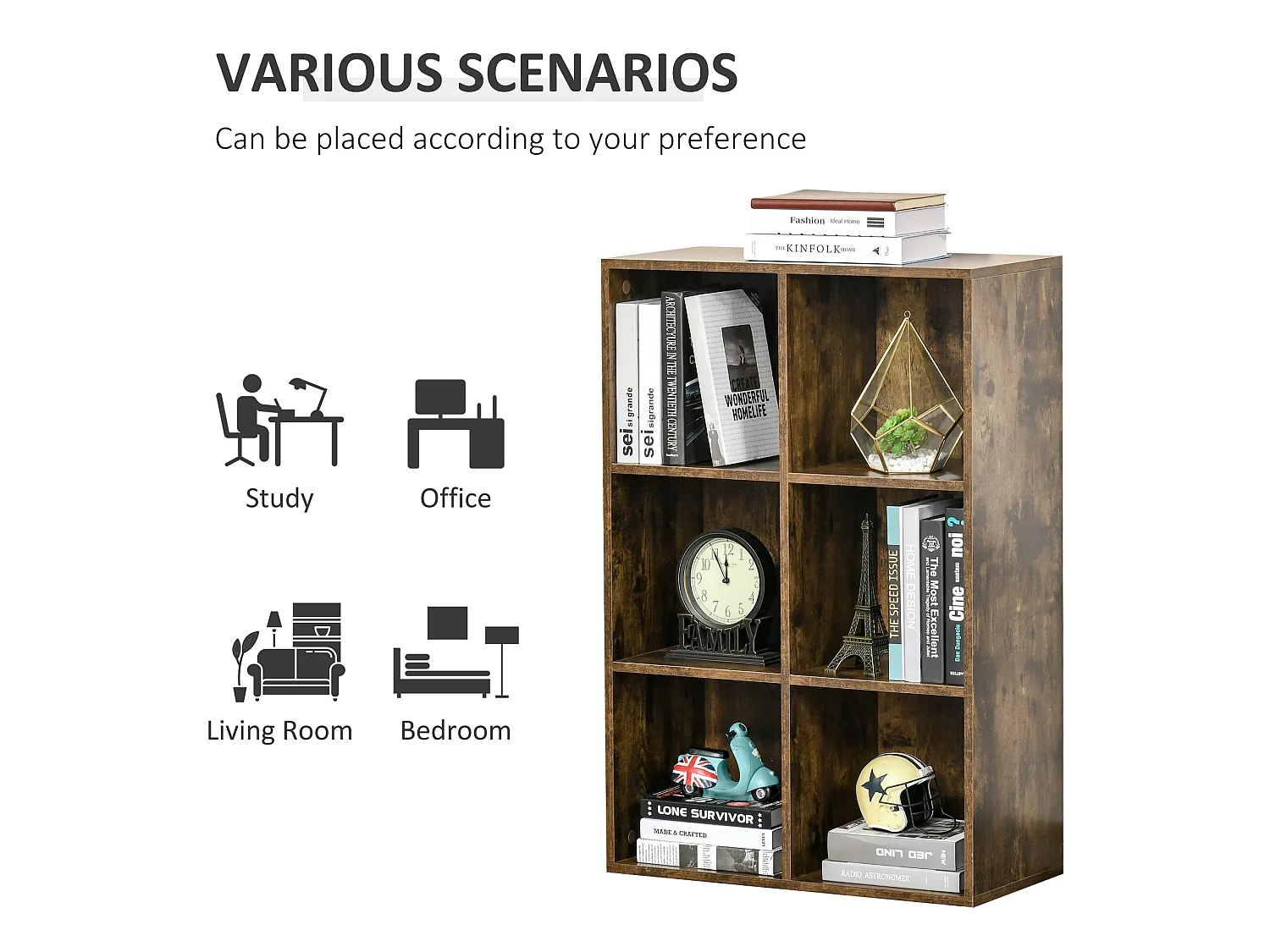 Ridiyo Wood Rustic Brown 6 Cube Storage Bookcase