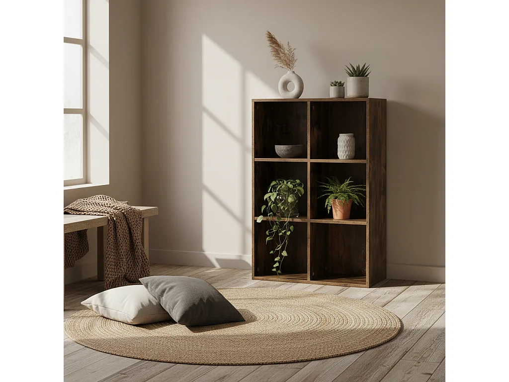 Ridiyo Wood Rustic Brown 6 Cube Storage Bookcase