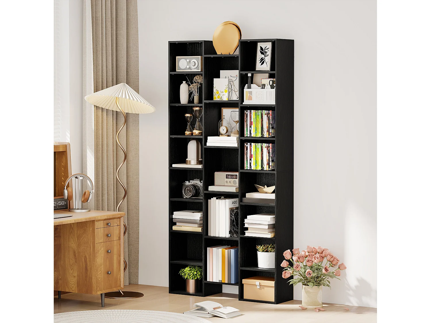 Faelsu Nota 21 Compartment Black Wooden Bookcase 89.5x23.5x181cm