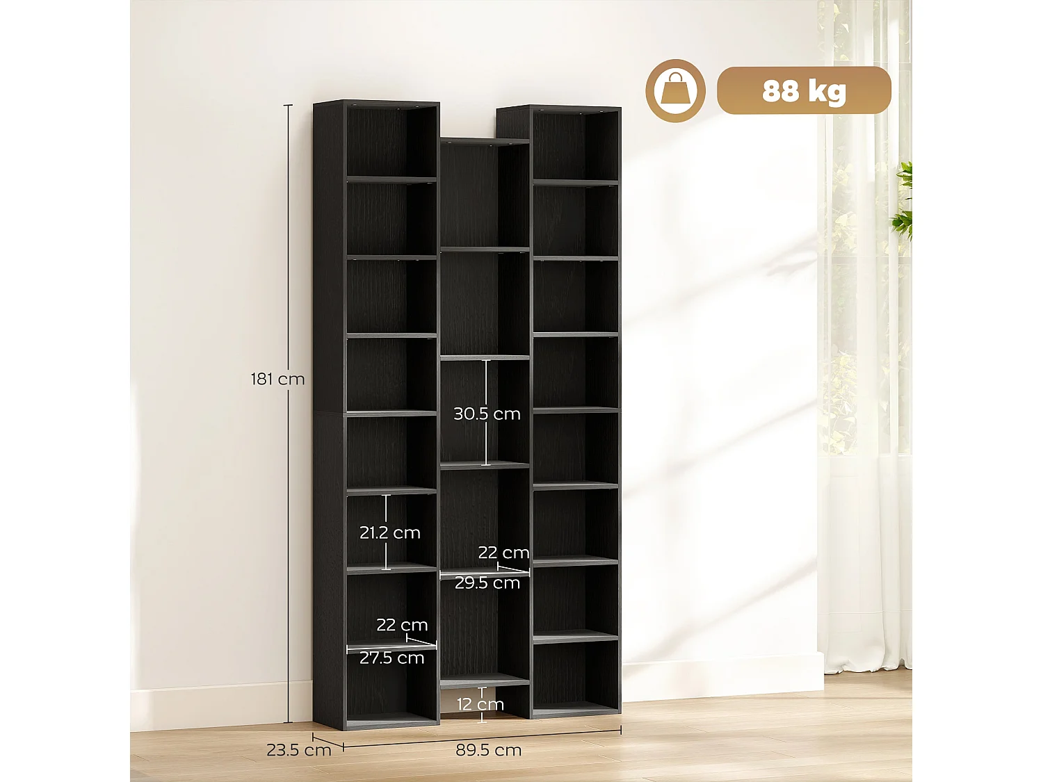 Faelsu Nota 21 Compartment Black Wooden Bookcase 89.5x23.5x181cm