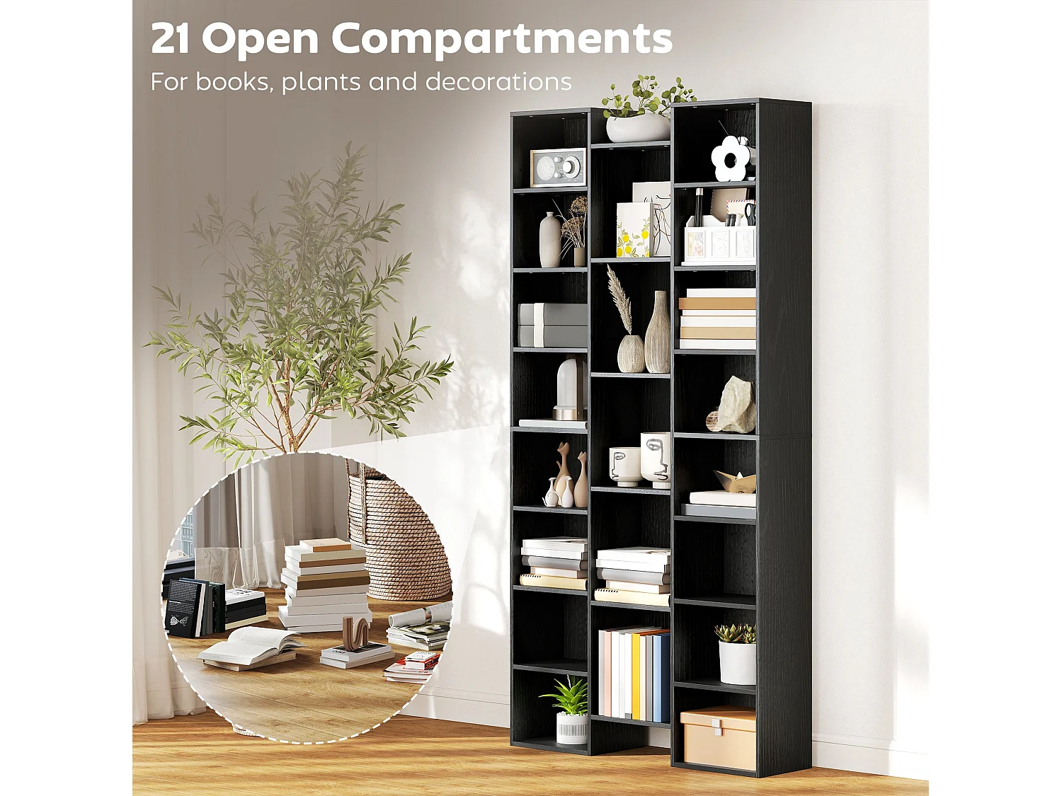 Faelsu Nota 21 Compartment Black Wooden Bookcase 89.5x23.5x181cm