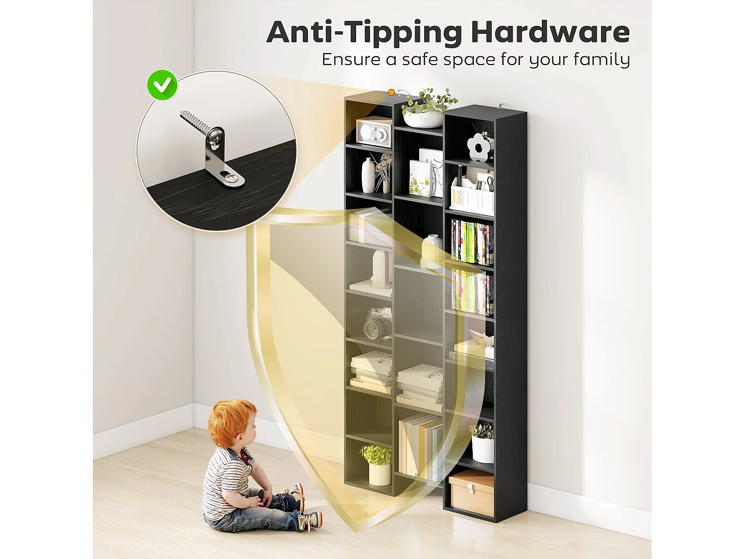 Faelsu Nota 21 Compartment Black Wooden Bookcase 89.5x23.5x181cm