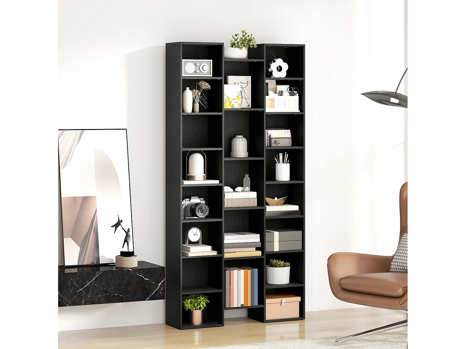 Faelsu Nota 21 Compartment Black Wooden Bookcase 89.5x23.5x181cm