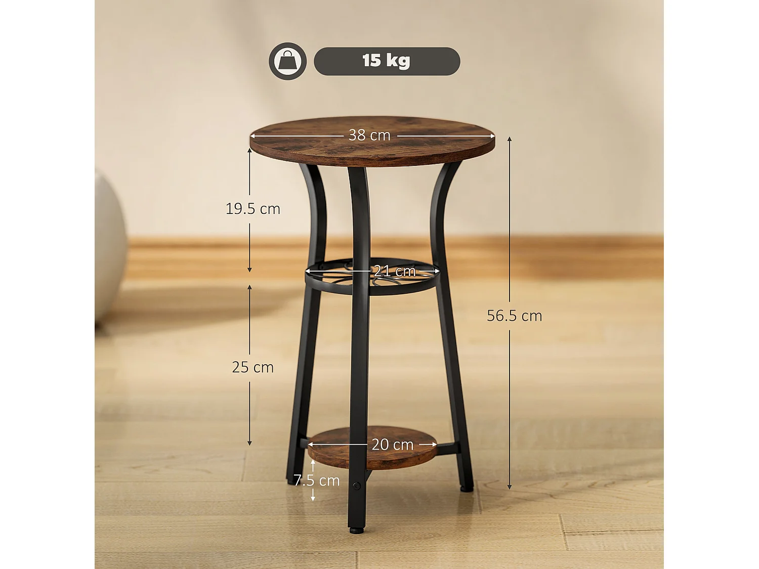 Neri Rustic Brown Round 3 Tier Side Table with Floral Middle Shelf