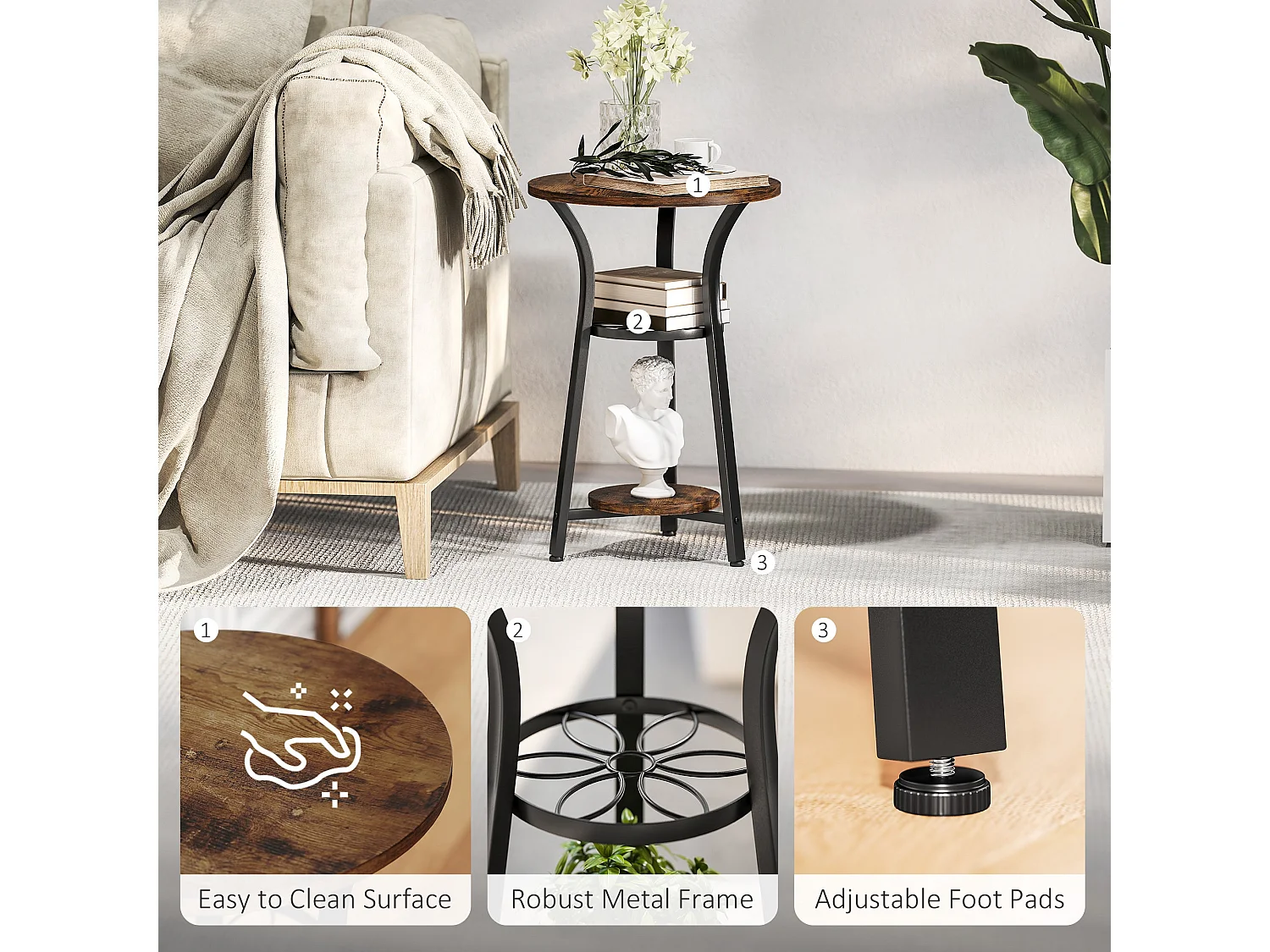 Neri Rustic Brown Round 3 Tier Side Table with Floral Middle Shelf