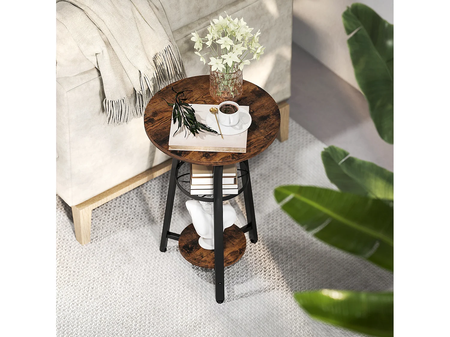 Neri Rustic Brown Round 3 Tier Side Table with Floral Middle Shelf