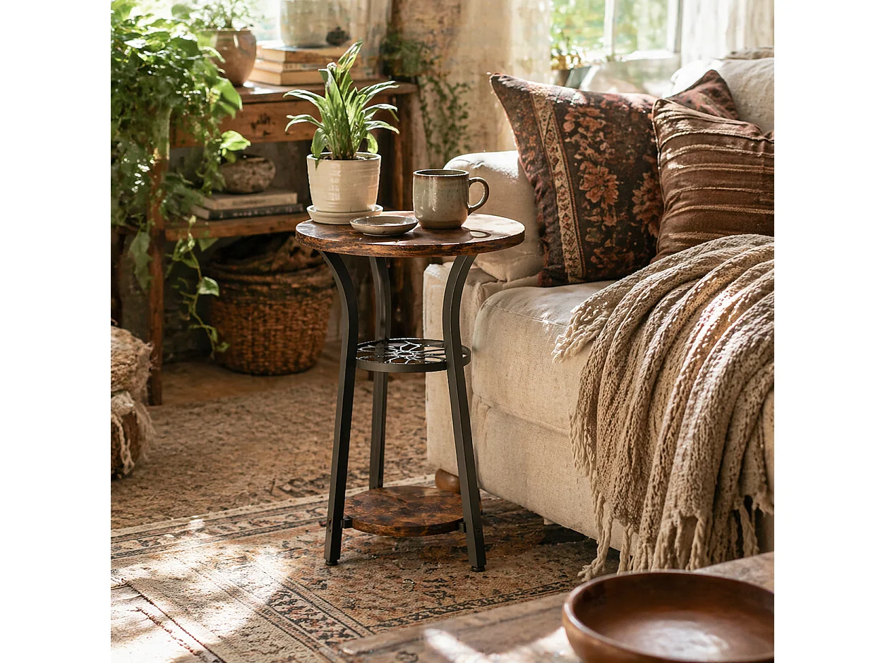 Neri Rustic Brown Round 3 Tier Side Table with Floral Middle Shelf