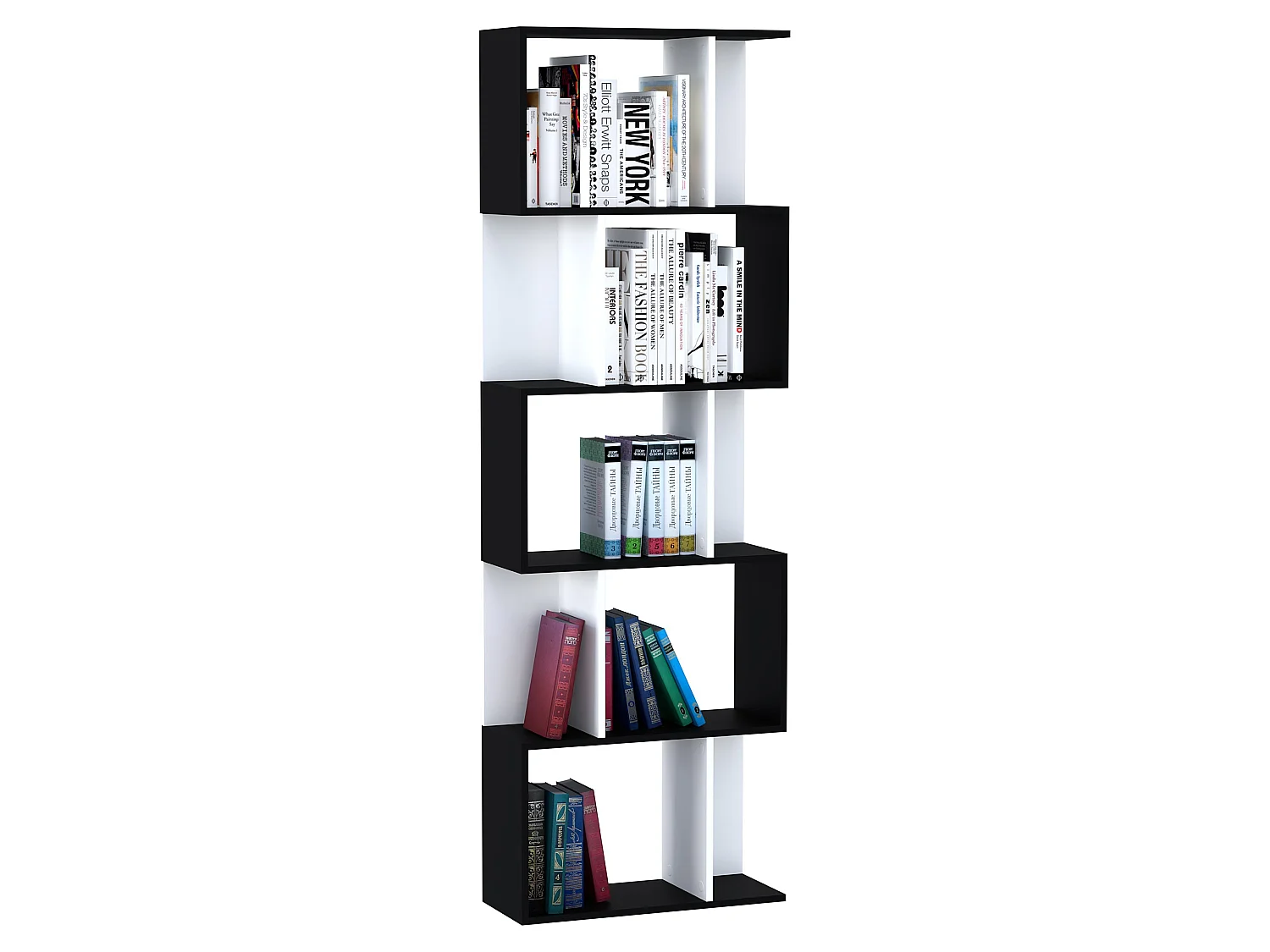 Nolia S Shaped Black and White Freestanding Bookcase 5 Tier Tall Shelf 60 x 24 x 184.5cm