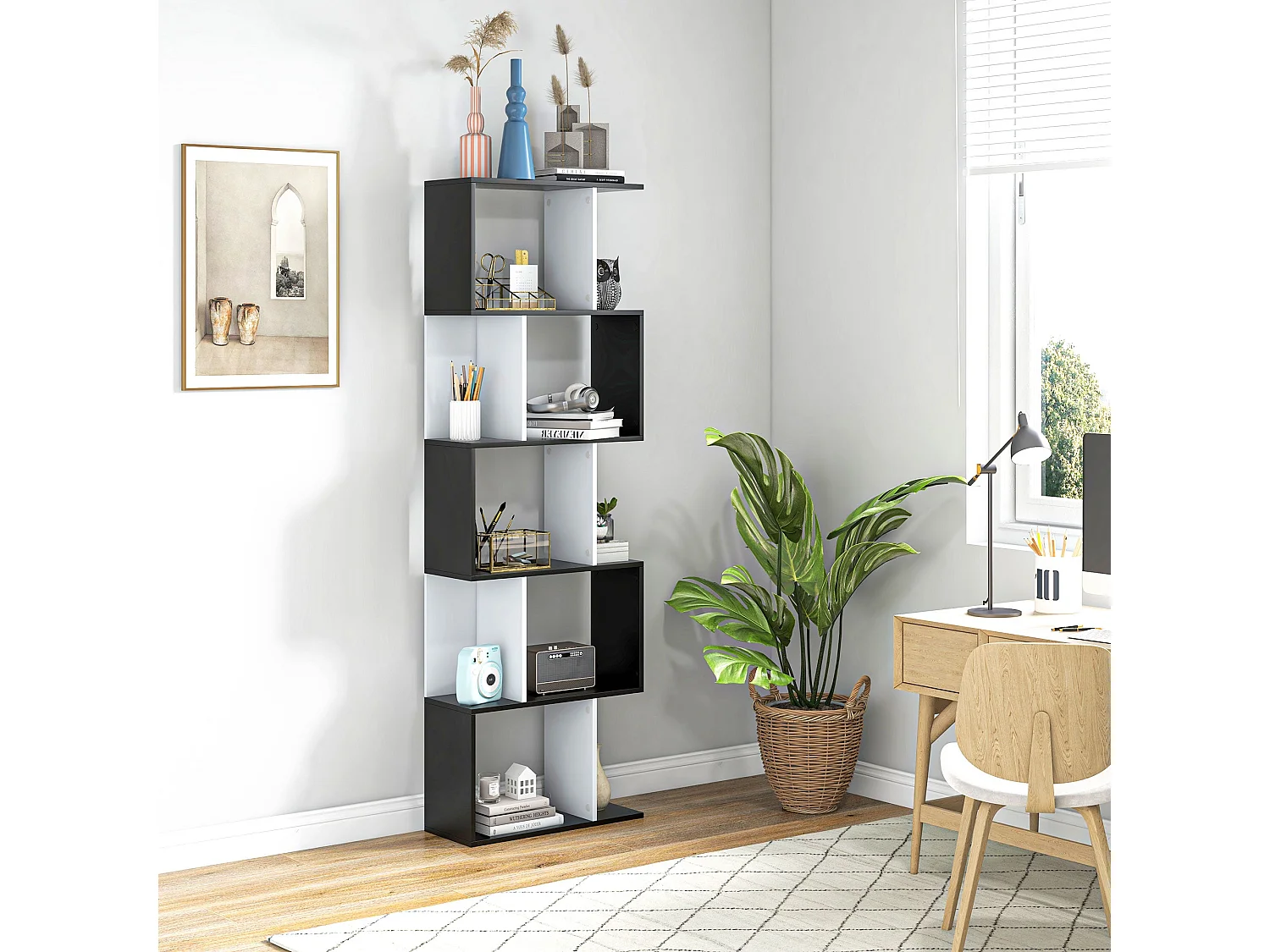 Nolia S Shaped Black and White Freestanding Bookcase 5 Tier Tall Shelf 60 x 24 x 184.5cm
