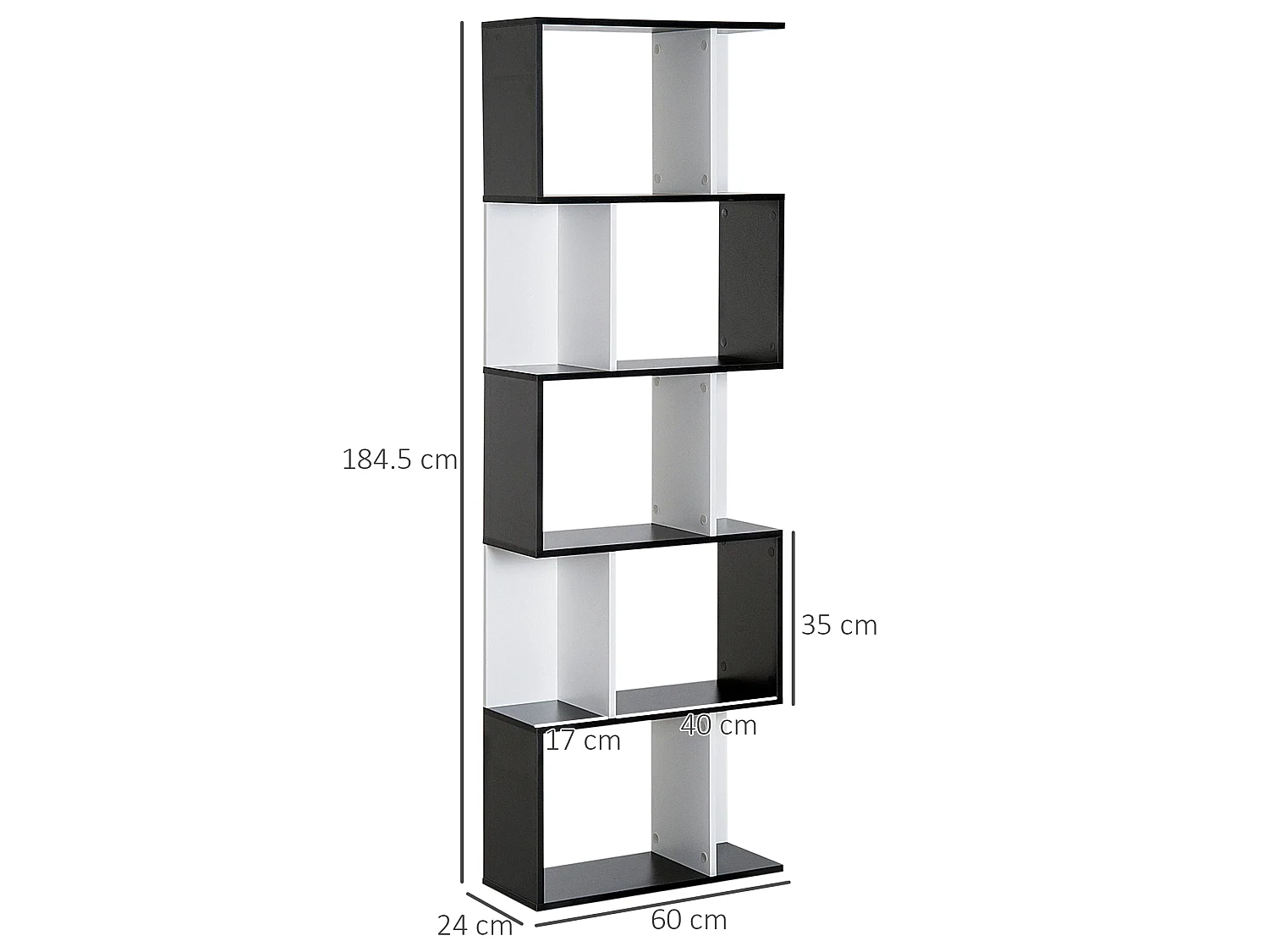 Nolia S Shaped Black and White Freestanding Bookcase 5 Tier Tall Shelf 60 x 24 x 184.5cm